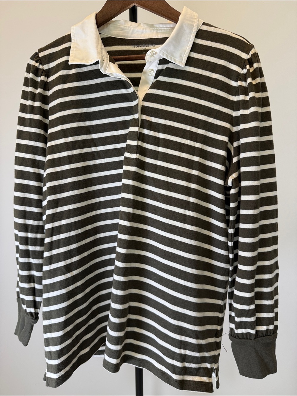 Talbots Olive and White Striped Puff Sleeve Collared Shirt | Size 1X